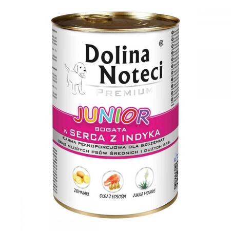 Dolina Noteci PREMIUM JUNIOR bogata w serca indyka puszka 400g Mokra karma dla psa