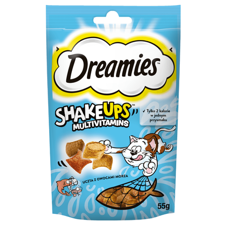 Dreamies Shake Ups Multivitamins 55g Przysmak Dla Kota z Owocami Morza o Smaku Łososia Tuńczyka i Krewetek