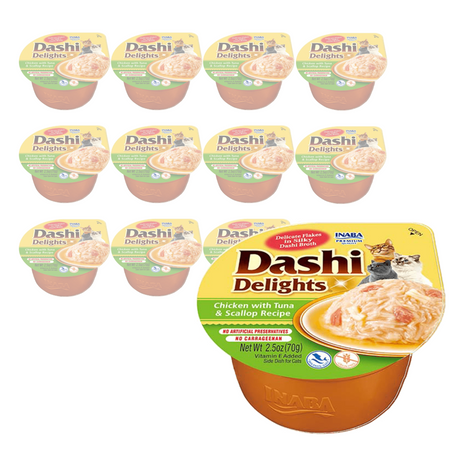 Inaba Cat Dashi Delights 12x70g Uzupełniająca Karma Dla Kota Bulion z Kurczakiem Tuńczykiem i Przegrzebkami