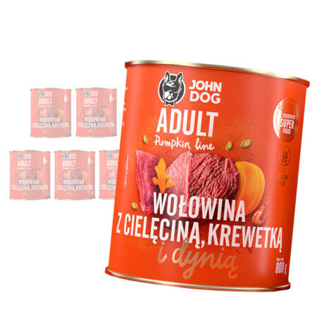 JOHN DOG Karma Mokra Dla Psa Pumpkin Line Wołowina z Cielęciną Krewetkami i Dynią Zestaw 6x800g