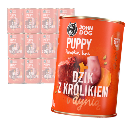 JOHN DOG Karma Mokra Dla Szczeniąt Pumpkin Line Dzik z Królikiem i Dynią 12x400g