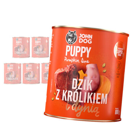 JOHN DOG Karma Mokra Dla Szczeniąt Pumpkin Line Dzik z Królikiem i Dynią Zestaw 6x800g