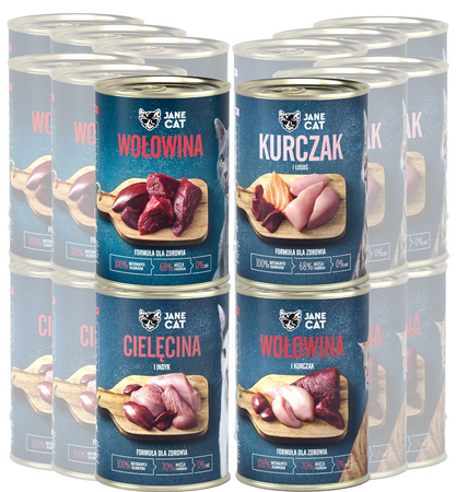 Jane Cat Adult Mix Smaków 24x400g Mokra Karma Dla Kotów Bez Zbóż Wołowina Cielęcina Kurczak Indyk Łosoś