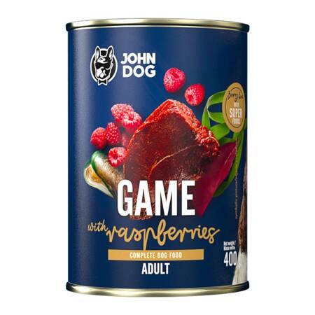 John Dog Berry ADULT DZICZYZNA z malinami 400g - Mokra Karma dla psów, 96% mięsa