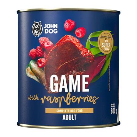 John Dog Berry ADULT DZICZYZNA z malinami 800g - Mokra Karma dla psów, 96% mięsa