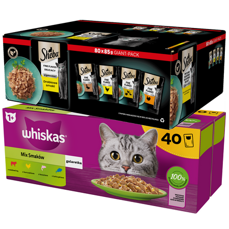 Mokra Karma Dla Kota Whiskas Mix Smaków 40x85g + Sheba Delicacy Drobiowe Smaki W Galaretce 80x85g