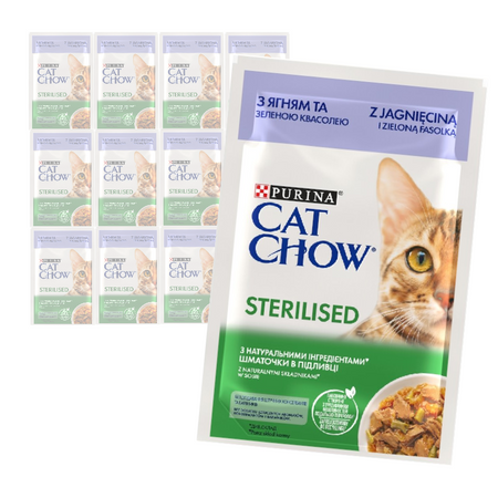 Purina Cat Chow Sterilised 12x85g Mokra Karma Dla Kota z Jagnięciną i Zieloną Fasolką w Sosie