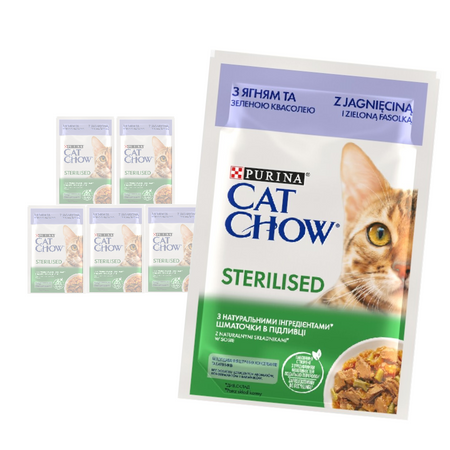 Purina Cat Chow Sterilised 6x85g Mokra Karma Dla Kota z Jagnięciną i Zieloną Fasolką w Sosie