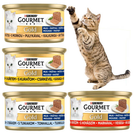 Purina Gourmet Gold Karma Dla Kotów Mus Z Indykiem Kurczakiem Wołowiną i Tuńczykiem 48x85g