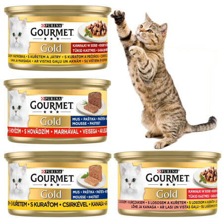 Purina Gourmet Gold Mokra Karma Dla Kotów Mus Kurczak Wołowina Kawałki w Sosie Łosoś Kurczak 12x85g