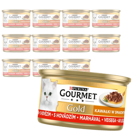 Purina Gourmet Gold z Wołowiną 12x85g Mokra Karma Dla Kota Kawałki w Sosie