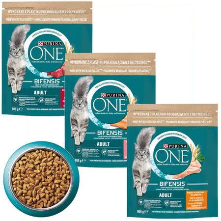 Purina One Bifensis Adult 3x800g Sucha Karma Dla Kota z Wołowiną Łososiem i Kurczakiem