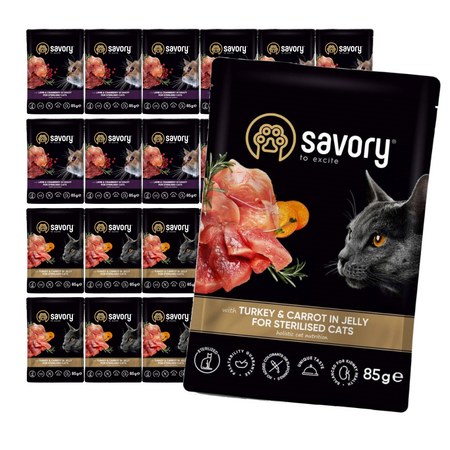 Savory Cat Sterilised 24x85g Mokra Karma Dla Kotów Sterylizowanych Z Jagnięciną W Sosie I Indykiem W Galaretce