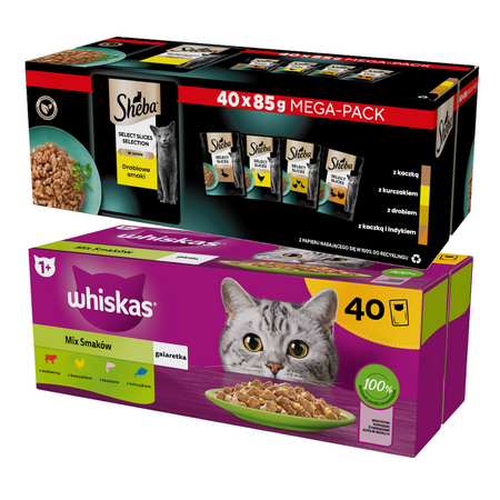 Sheba Selection In Sauce 40x85g + Whiskas Adult w Galaretce 40x85g Mokra Karma Dla Kota Drobiowe i Rybne Smaki