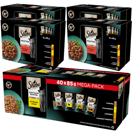 Sheba Selection Soczyste Smaki w Sosie 48x85g + Drobiowe Smaki 40x85g