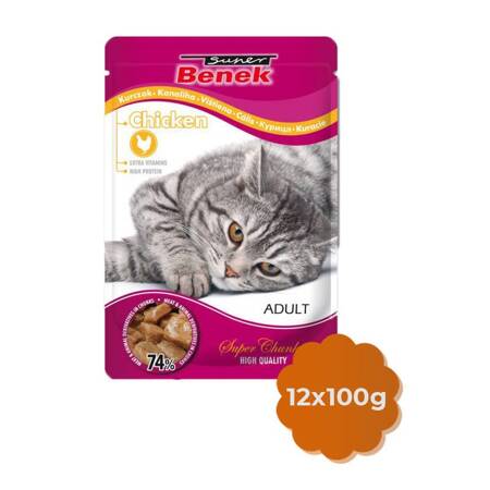 Super Benek Adult 12x100g z Kawałkami Kurczaka w Sosie - Mokra Karma dla Kotów w Saszetkach, 74% mięsa