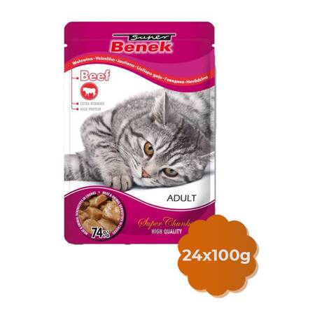 Super Benek Adult 24x100g Wołowina Sos Mokra Karma dla Kotów w Saszetce, 74% mięsa