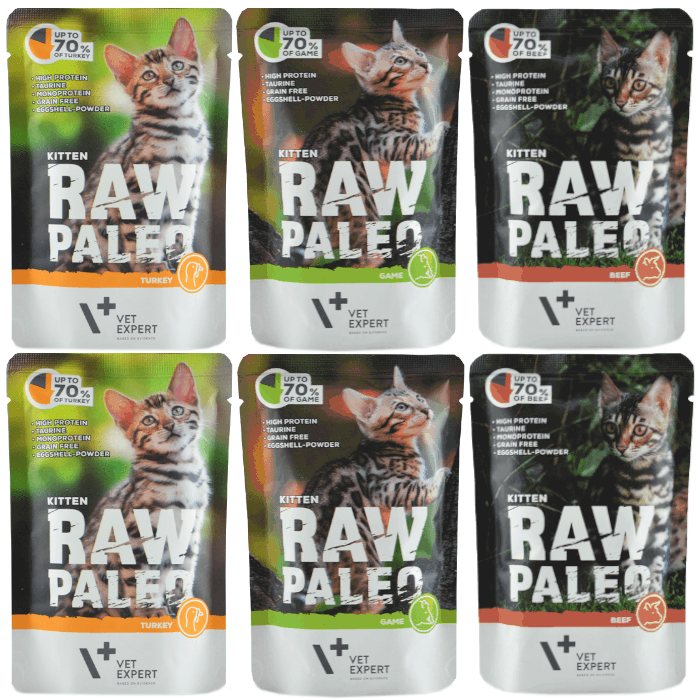 Vet Expert Raw Paleo Kitten Mix Smaków 6x100g Karma Mokra Z Wołowiną Dziczyzną i Indykiem Dla Kociąt