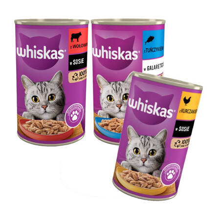 WHISKAS Adult 3 Smaki 12x400g Wołowina Tuńczyk Kurczak Karma Mokra Dla Dorosłych Kotów