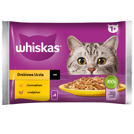 WHISKAS Adult Drobiowa Uczta 4x85g Mokra Karma Dla Kota w Sosie Kawałki z Kurczakiem i Indykiem