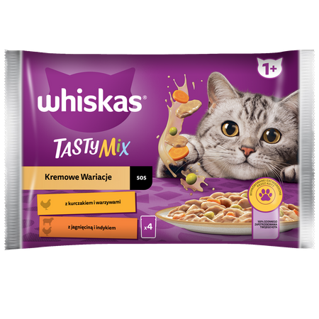 WHISKAS Adult Saszetka 4 x 85g Kremowe Wariacje Mokra Karma Dla Dorosłego Kota w Sosie Kurczak z Warzywami, Jagnięcina z Indykiem