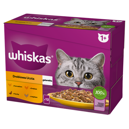 WHISKAS Adult Saszetki 12 x 85g Drobiowa Uczta Mokra Karma Dla Dorosłego Kota w Galaretce Kawałki z Kurczakiem Kaczką Drobiem Indykiem