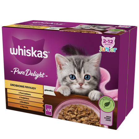 WHISKAS Junior Saszetki 12 x 85g Drobiowe Frykasy Mokra Karma Dla Kociąt w Galaretce Kawałki z Kurczakiem Indykiem Drobiem Kaczką