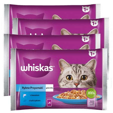 Whiskas Adult 4x340g Rybne Przysmaki Mokra Karma Dla Dorosłego Kota W Galaretce Kawałki Z Łososiem I Z Tuńczykiem