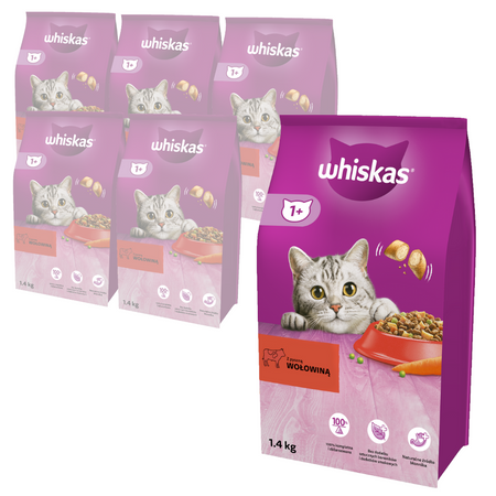 Whiskas Adult 6x1,4kg - Sucha Karma Pełnoporcjowa Dla Dorosłych Kotów Z Wołowiną