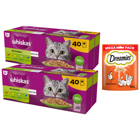 Whiskas Adult 80x85g Mix Smaków Mokra Karma Dla Dorosłych Kotów 4 Smaki W Galaretce + GRATIS