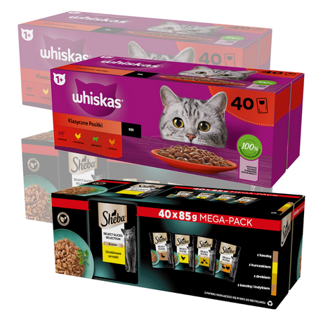 Whiskas Adult Klasyczne Posiłki + Sheba Selection in Sauce Kolekcja Drobiowych Smaków Mokra Karma Dla Kota W Sosie 160x85g