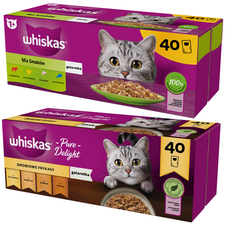 Whiskas Adult Mix Smaków 40x85g + Whiskas Drobiowe Frykasy 40x85g Mokra Karma Dla Kota w Galaretce