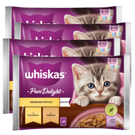 Whiskas Junior Saszetki 4x340g Drobiowe Frykasy Mokra Karma Dla Kociąt W Galaretce Kawałki Z Kurczakiem I Z Indykiem