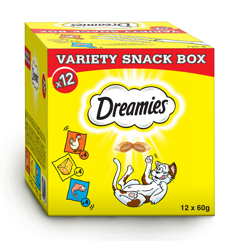 DREAMIES Variety Snack Box – karma uzupełniająca dla kotów (z kurczakiem, z serem i o smaku łososia) - 720g