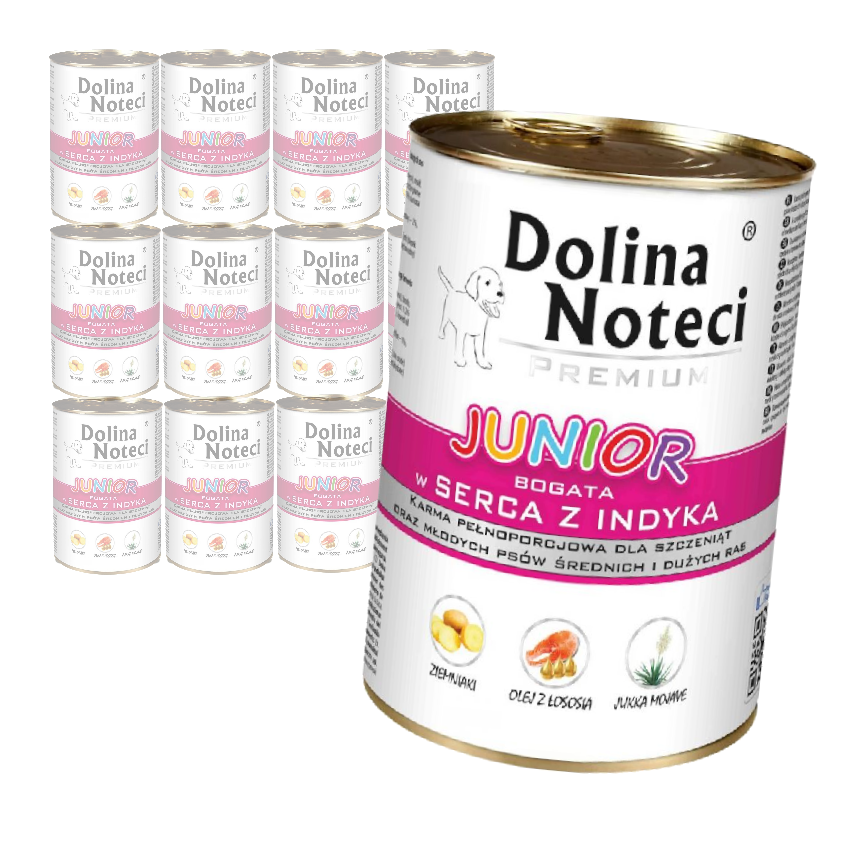 Dolina Noteci PREMIUM JUNIOR bogata w serca indyka puszka 12x400g Mokra karma dla psa