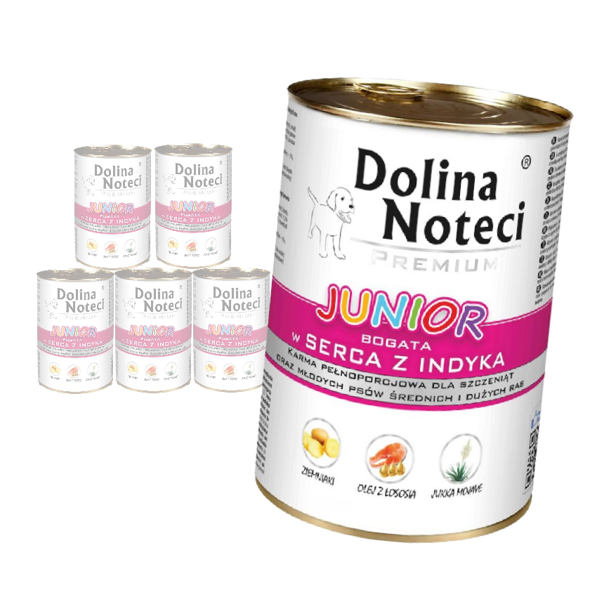 Dolina Noteci PREMIUM JUNIOR bogata w serca indyka puszka 6x400g Mokra karma dla psa