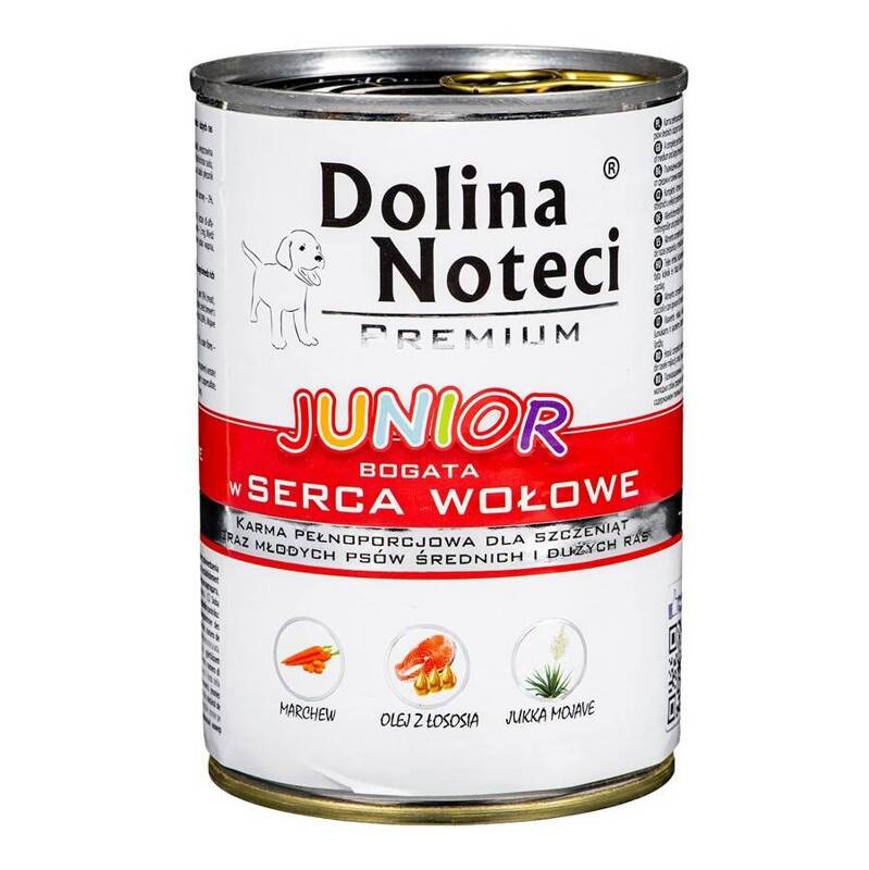 Dolina Noteci PREMIUM JUNIOR bogata w serca wołowe puszka 400 g Mokra karma dla psa