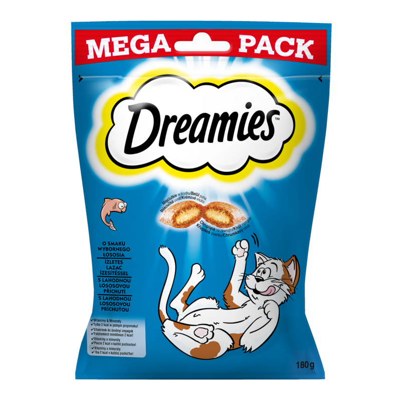 Dreamies z Łososiem 180g Przysmak Dla Kota Chrupiące Paszteciki z Nadzieniem