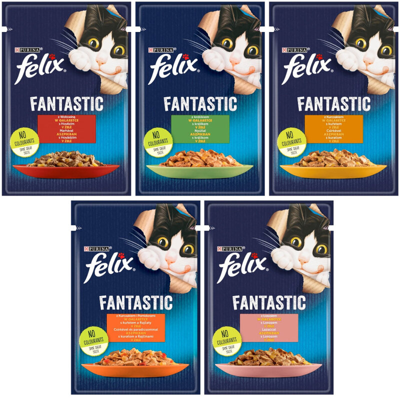 Felix Fantastic Karma Dla Kotów Mix Smaków W Galaretce 5x85g Królik Kurczak Wołowina Łosoś