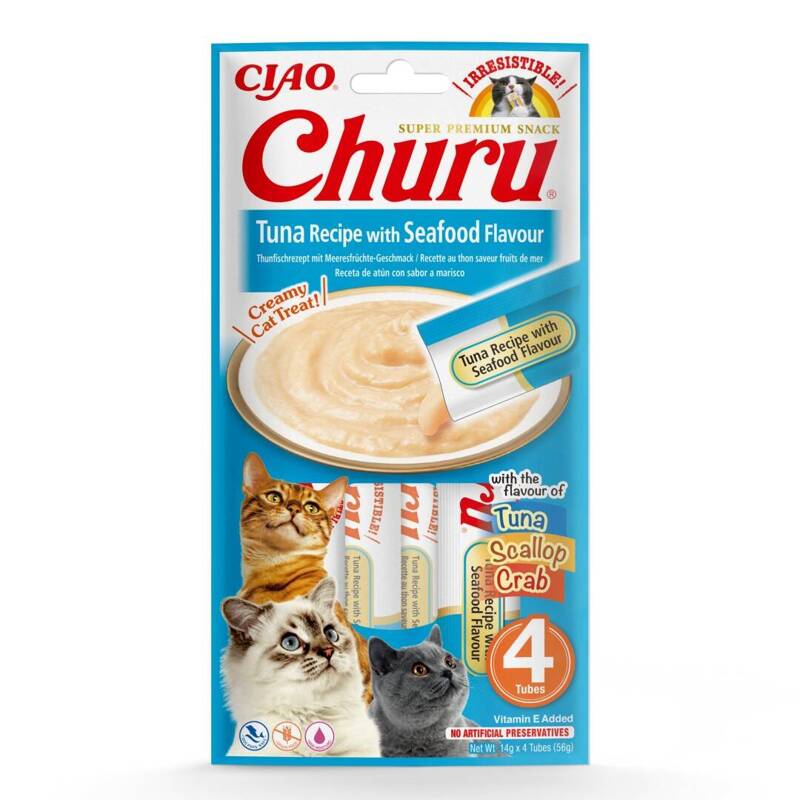 Inaba Cat Churu Tuna With Seafood 4x14g (56g) Kremowy Przysmak Dla Kota Pasta Z Tuńczykiem I Owocami Morza