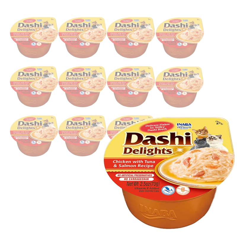 Inaba Cat Dashi Delights 12x70g Uzupełniająca Karma Dla Kota Bulion z Kurczakiem Tuńczykiem i Łososiem 