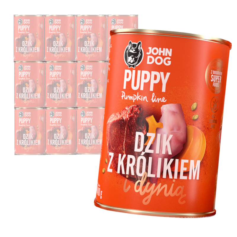 JOHN DOG Karma Mokra Dla Szczeniąt Pumpkin Line Dzik z Królikiem i Dynią 12x400g