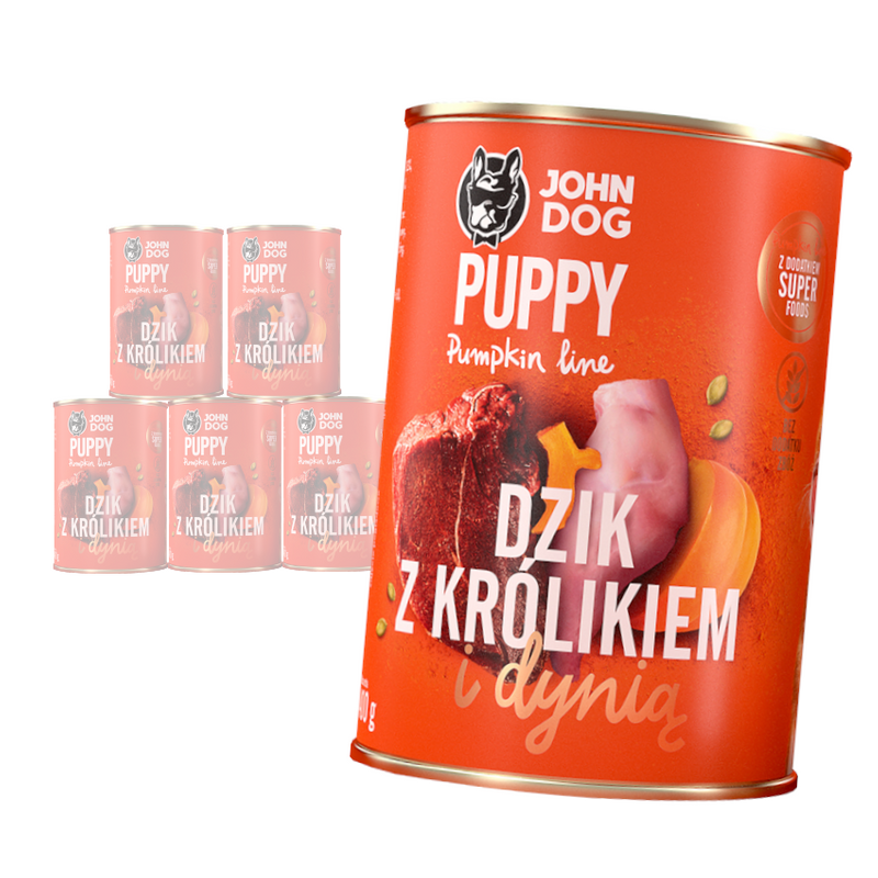 JOHN DOG Karma Mokra Dla Szczeniąt Pumpkin Line Dzik z Królikiem i Dynią Zestaw 6x400g