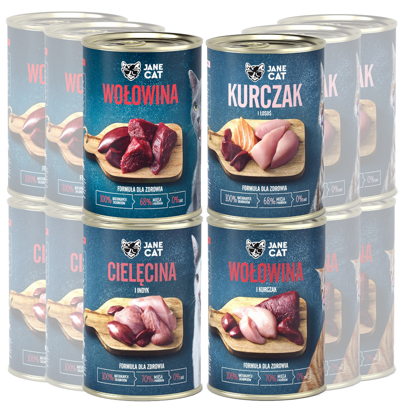 Jane Cat Adult Mix Smaków 12x400g Mokra Karma Dla Kotów Bez Zbóż Wołowina Cielęcina Kurczak Indyk Łosoś