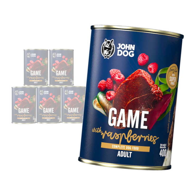 John Dog BERRY ADULT DZICZYZNA z malinami 6x 400g - Mokra Karma dla psów, 96% mięsa