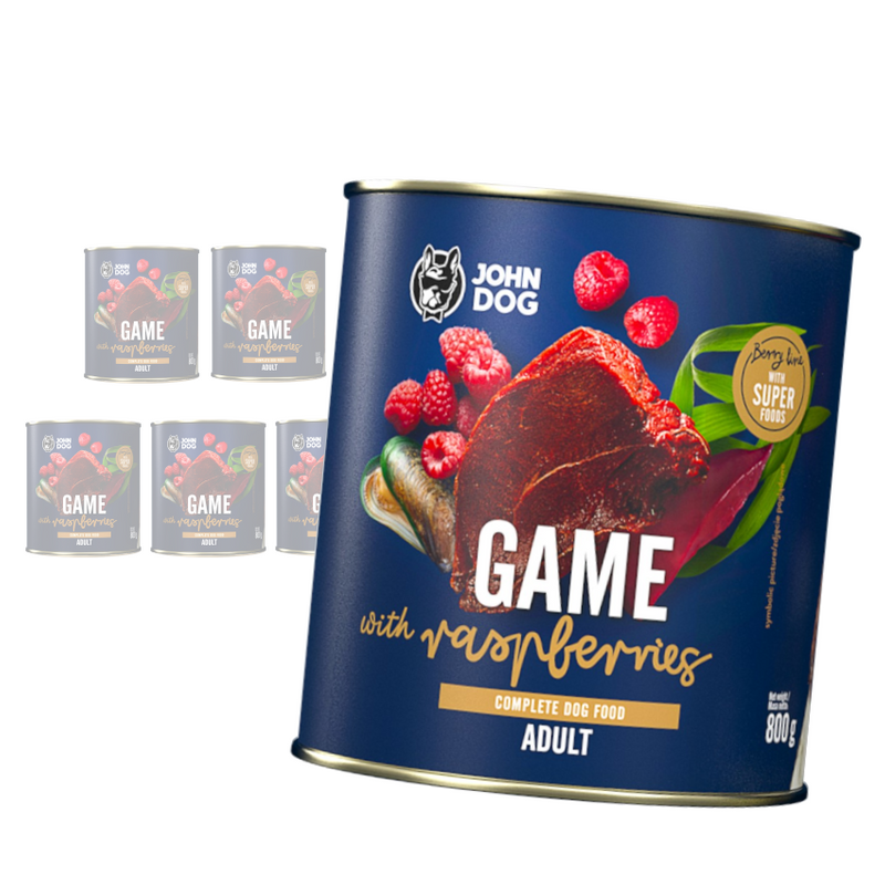 John Dog BERRY ADULT DZICZYZNA z malinami 6x 800g - Mokra Karma dla psów, 96% mięsa