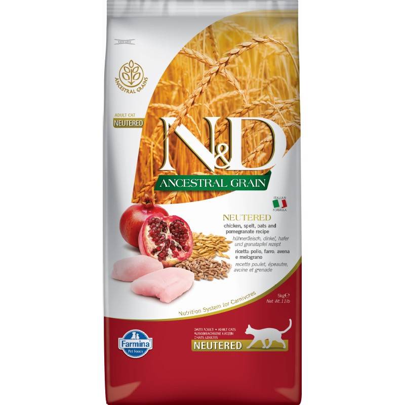 N&D Ancestral Grain Cat Neutered Chicken Adult 5KG Karma Sucha Kotów Kastrowanych Niskozbożowa Kurczak Granat