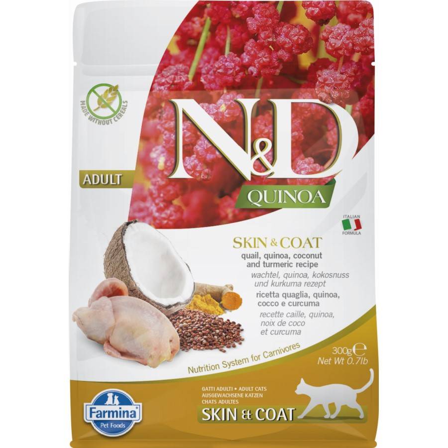 N&D CAT QUINOA SKIN & COAT QUAIL 300gr. Sucha karma dla kota Skóra i sierść, z przepiórką, quinoa, kokosem i kurkumą