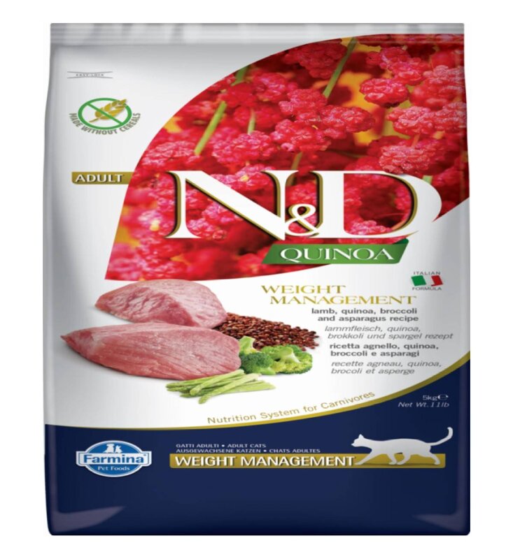 N&D CAT QUINOA WEIGHT MANAGEMENT LAMB & BROCCOLI 5 KG Odchudzanie, z jagnięciną, quinoa, brokułami i szparagami