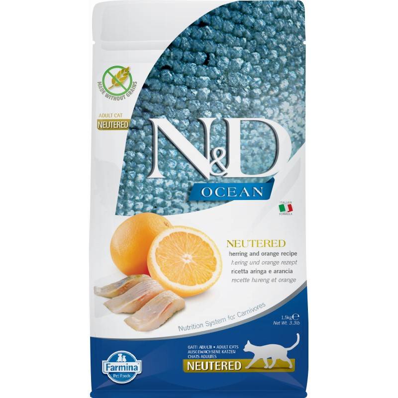 N&D Ocean Cat Herring Orange Neutered Adult 1,5kg Sucha Karma Dla Kotów Po Sterylizacji Śledź Pomarańcza